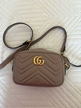 Gucci Taupe Matelassé Mini Leather Crossbody Camera Bag with Gold Hardware